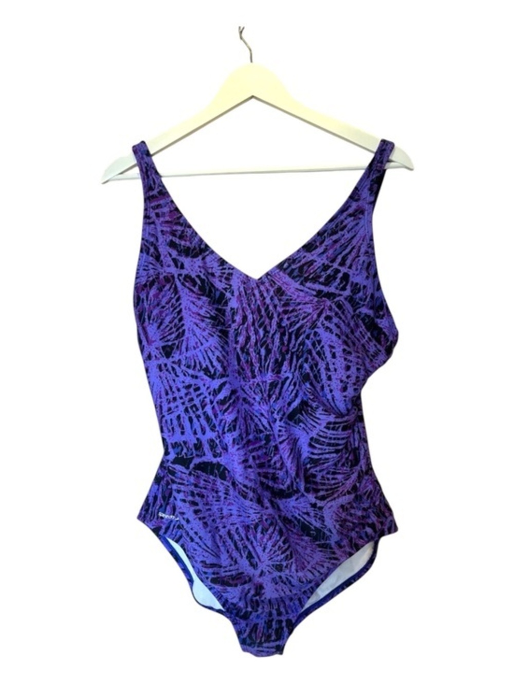 Speedo Women’s V Neck Purple Palm Abstract Print One Piece Swimsuit Size 16